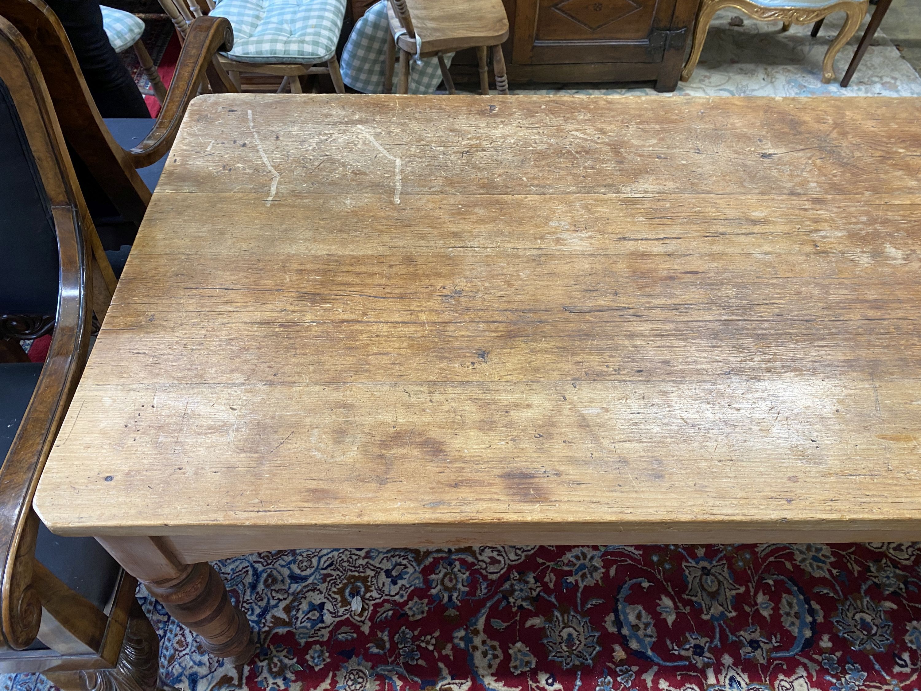 A Victorian pine kitchen table, length 272cm, depth 88cm, height 76cm